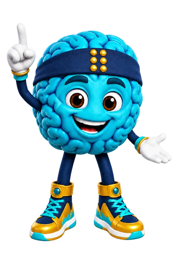 Braille Brain, a cheerful aqua-blue cartoon brain with large brown eyes, white gloves, navy legs, gold-and-aqua high-top shoes, and a navy headband displaying six raised gold Braille dots. He raises one finger as if sharing a bright idea.