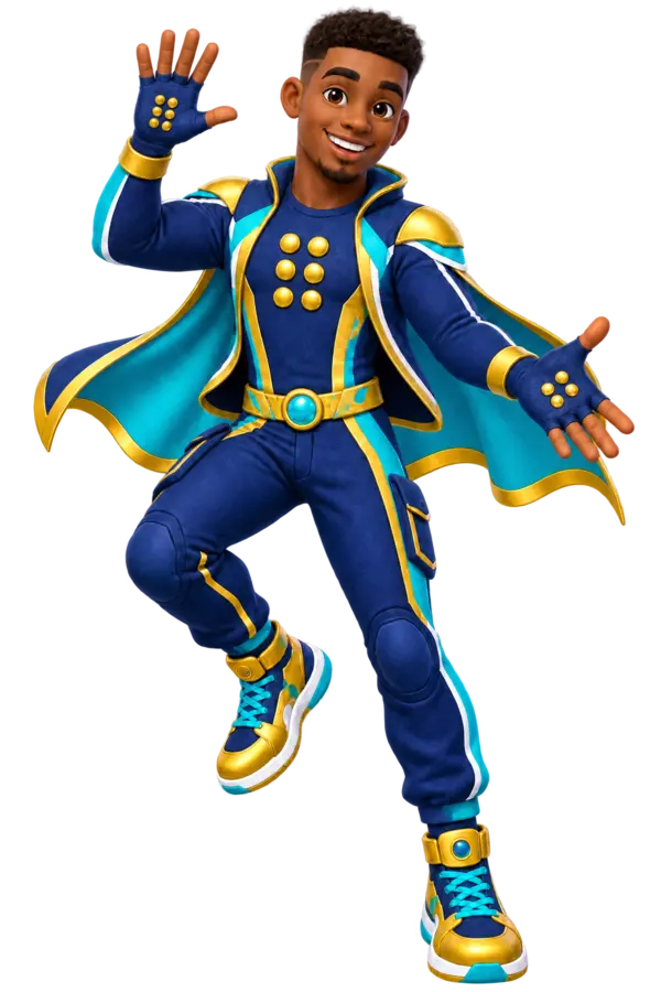 Braille Man, the smiling navy, aqua and gold BV superhero, waves while dancing.