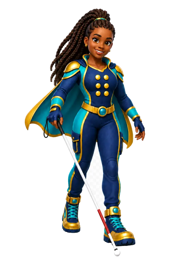Captain Cane, a confident blind Black Bahamian woman travelling with her white mobility cane.