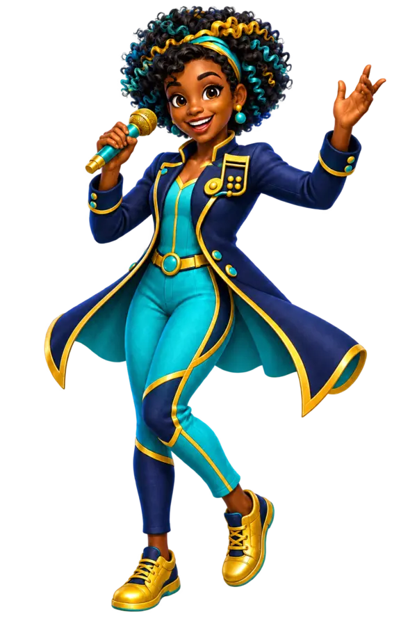 Miss Melody, a smiling young Black Bahamian singer with a full natural curly hairstyle accented in aqua and gold, wearing a navy performance coat over aqua clothing with gold shoes, and holding a gold-and-aqua microphone.