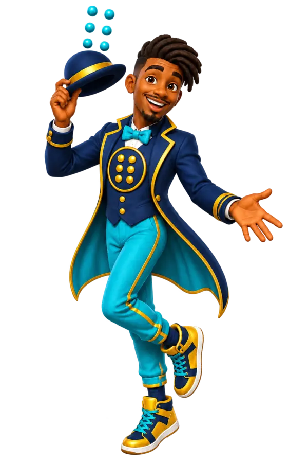 Mr. Mischief, a grinning young Black Bahamian man with swept locs, wearing a navy tailcoat, aqua trousers, gold trim and high-top shoes. He tips a navy bowler hat while six aqua Braille dots float above it.