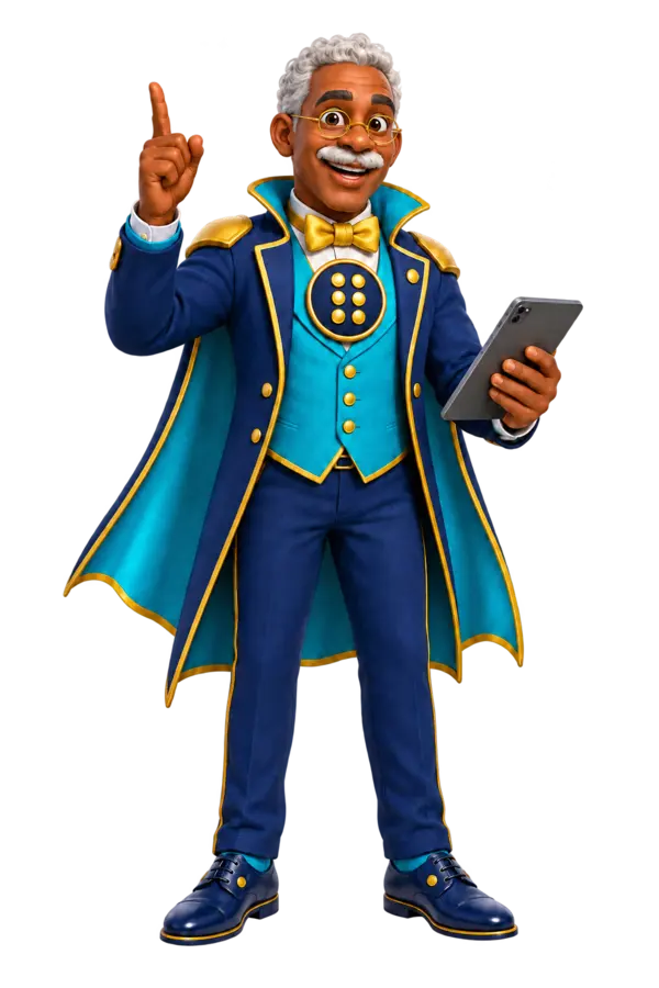 Professor Dots, an older Black Bahamian man with silver hair, a silver moustache and gold glasses, dressed in a formal navy and aqua academic suit with gold trim and a six-dot medallion, holding a tablet and raising one finger.