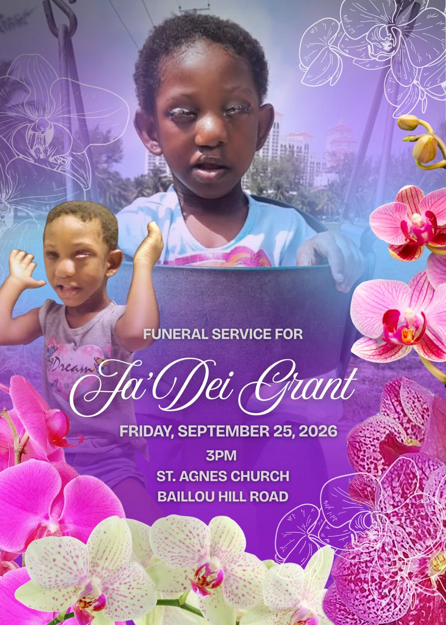 Purple and pink floral funeral announcement for Ja’Dei Grant featuring two photographs of Ja’Dei surrounded by colourful orchids. The service is Friday, September 25, 2026, at 3:00 p.m. at St. Agnes Church on Baillou Hill Road.